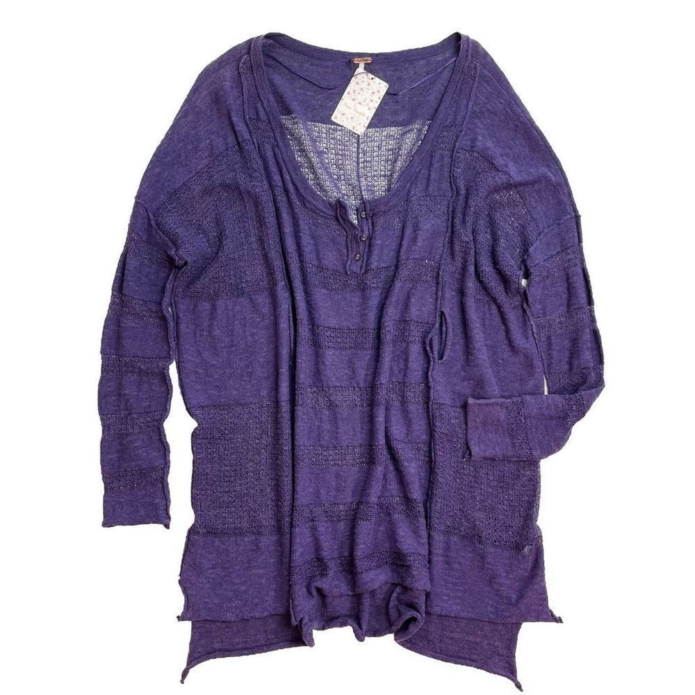 Free People Wild Horses Henley Tunic Top Open Knit Plum Purple XS NWT (FLAW)